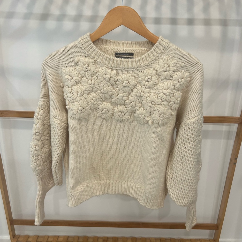 Anthropologie Cream Crew Neck Sweater with Floral Texture